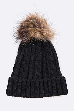 Pom Cable Knit Raccoon Fur Soft Beanie