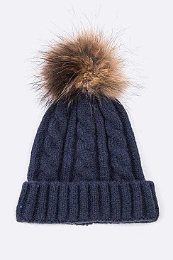 Pom Cable Knit Raccoon Fur Soft Beanie