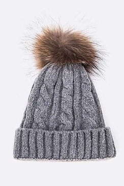 Pom Cable Knit Raccoon Fur Soft Beanie