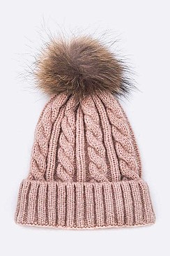 Pom Cable Knit Raccoon Fur Soft Beanie