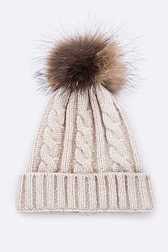 Pom Cable Knit Raccoon Fur Soft Beanie