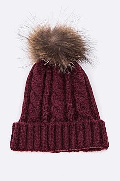 Pom Cable Knit Raccoon Fur Soft Beanie