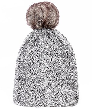 Fur Pom Pom Knit Beanie Hat - Plush Lining