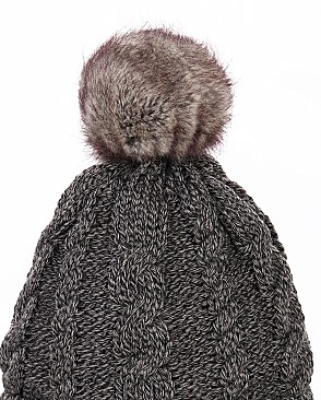 Fur Pom Pom Knit Beanie Hat - Plush Lining