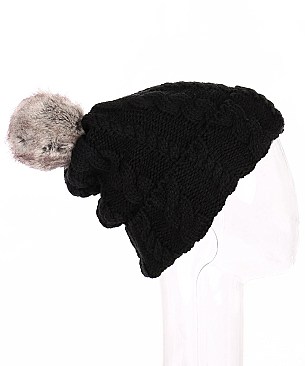 Fur Pom Pom Knit Beanie Hat - Plush Lining