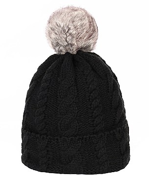 Fur Pom Pom Knit Beanie Hat - Plush Lining