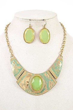 OVAL STONE BIB METAL LINK NECKLACE SET