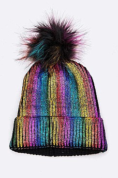 Pack of 12 Metallic Foil Beanie with Pom-Pom