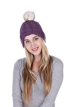 Fur Pom Pom Knit Beanie Hat - Plush Lining