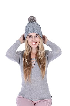 Fur Pom Pom Knit Beanie Hat - Plush Lining