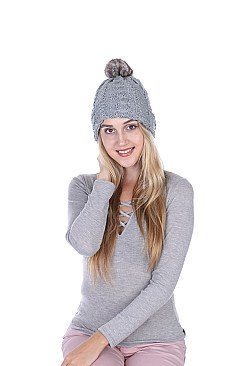 Fur Pom Pom Knit Beanie Hat - Plush Lining