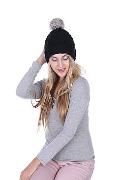 Fur Pom Pom Knit Beanie Hat - Plush Lining