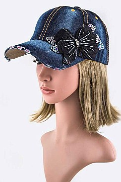 Crystal & Sequins Bow Fashion Denim Cap LA-35018-MF072