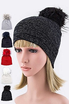 Pack of (12 Pieces) Assorted Pre Pack Classy Lurex Fur Pom Beanie LA-HT502