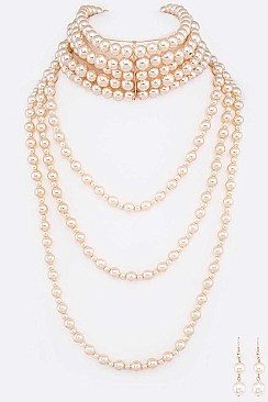 Convertible Layer Bow Pearl Choker Necklace Set
