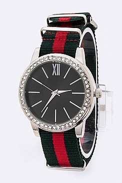 Chic Crystal Bezel Iconic Stripe Strap Watch 	LA 04-FG6093