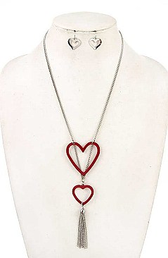 TASSEL PENDANT DOUBLE HEART NECKLACE SET