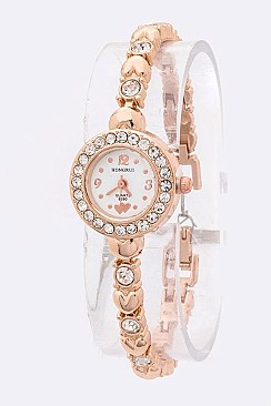 Chic Crystal Heart Station Strap Petite Round Watch LA-001