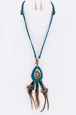Teardrop Shell & Feather Ornate Pendant Necklace Set