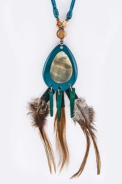 Teardrop Shell & Feather Ornate Pendant Necklace Set