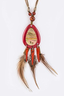 Teardrop Shell & Feather Ornate Pendant Necklace Set