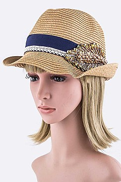 Bead & Sequins Leaf Straw Fedora Hat LA8451MG148MAKE