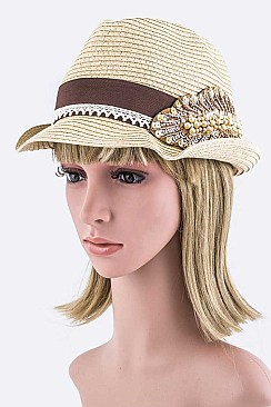 Bead & Sequins Leaf Straw Fedora Hat LA8451MG148MAKE