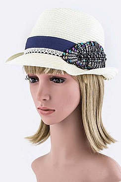 Bead & Sequins Leaf Straw Fedora Hat LA8451MG148MAKE