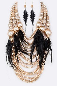 PEARLS & FEATHER LAYER STATEMENT NECKLACE SET