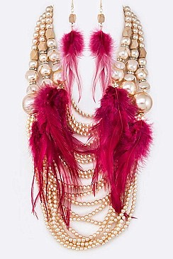 PEARLS & FEATHER LAYER STATEMENT NECKLACE SET