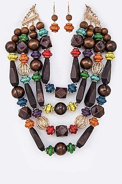 WOODEN BEADS STATEMENT NECKLACE SET
