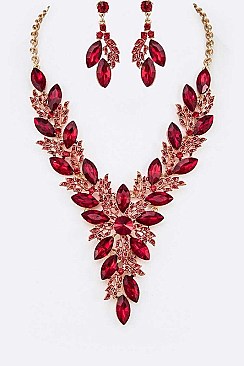 COLORED CRYSTAL LEAF STATEMENT NECKLACE SET