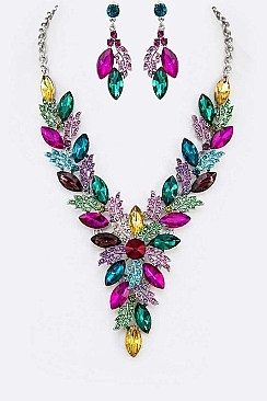 COLORED CRYSTAL LEAF STATEMENT NECKLACE SET