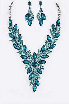 COLORED CRYSTAL LEAF STATEMENT NECKLACE SET