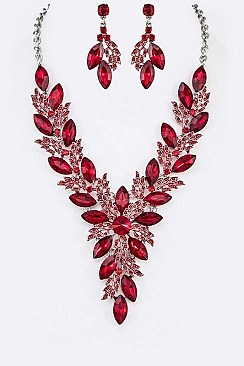 COLORED CRYSTAL LEAF STATEMENT NECKLACE SET
