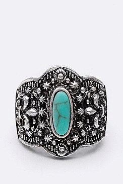 Elegant Fleur De Lis Embossed Turquoise Stretch Ring LASR0035