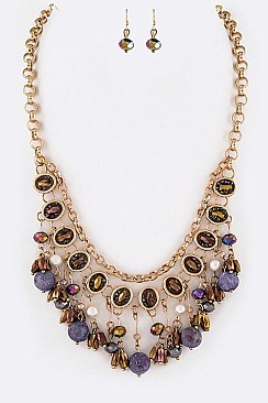 CRYSTAL & STONE BEADS STATEMENT NECKLACE SET