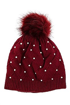 PEARL ACCENT DIAMOND KNIT POM POM BEANIE