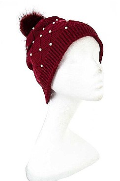 PEARL ACCENT DIAMOND KNIT POM POM BEANIE