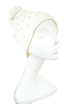PEARL ACCENT DIAMOND KNIT POM POM BEANIE