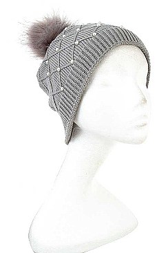 PEARL ACCENT DIAMOND KNIT POM POM BEANIE