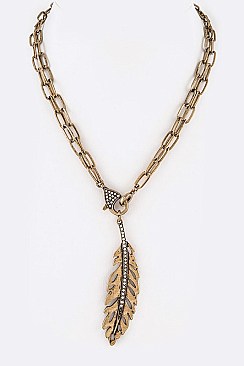 Stylish Crystal Metal Feather Pendant Convertible Necklace LA12404
