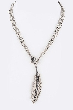 Stylish Crystal Metal Feather Pendant Convertible Necklace LA12404