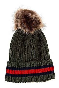 KNITTED FAUX FUR POM POM BEANIE
