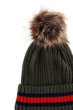 KNITTED FAUX FUR POM POM BEANIE