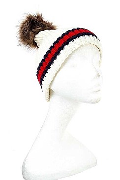 KNITTED FAUX FUR POM POM BEANIE