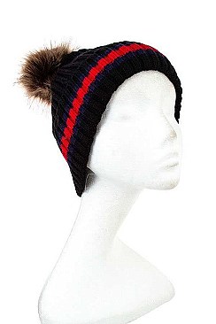 KNITTED FAUX FUR POM POM BEANIE