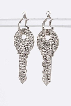 Crystal Key Charm Hoop Earrings