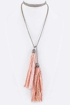 WRAPPED FABRIC TASSELS CHOKER NECKLACE