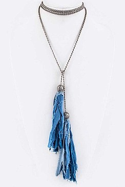 WRAPPED FABRIC TASSELS CHOKER NECKLACE